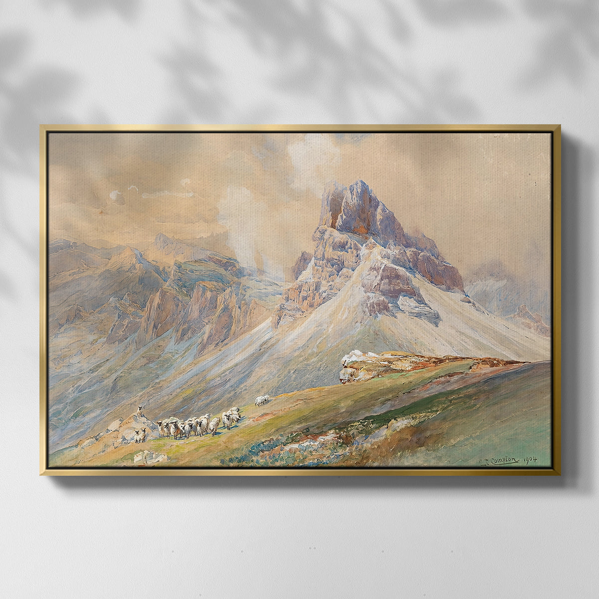 Front view of From the Dolomites, 1904 by Edward Theodore Compton in a gold floater framed canvas.
