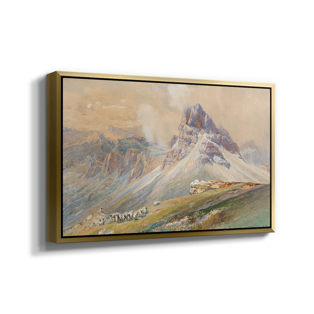 Angled view of From the Dolomites, 1904 by Edward Theodore Compton in a gold floater framed canvas.