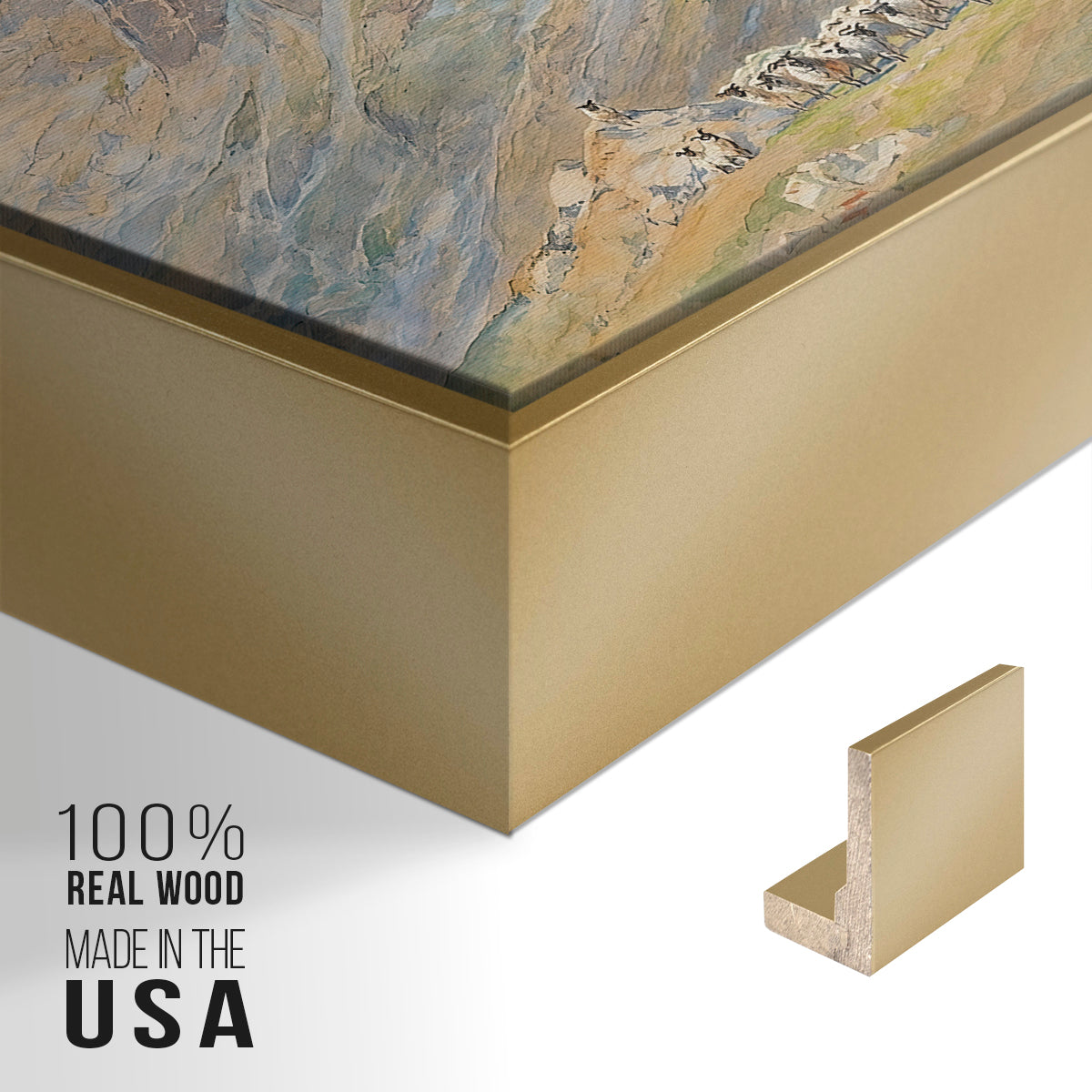 Close-up of the gold floater frame corner and gallery wrapped canvas construction.