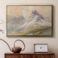Gold floater framed canvas featuring an expansive landscape featuring iconic Dolomite peaks, displayed above a cabinet in a soft-toned living room.