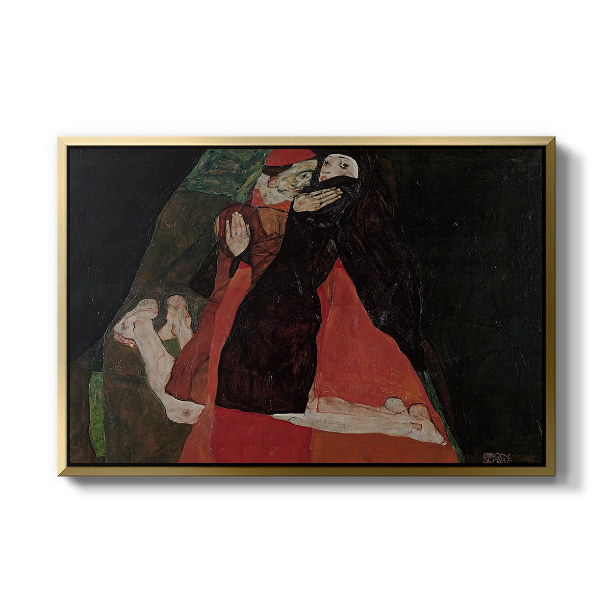 Cardinal and Nun (Caress), 1912 by Egon Schiele in a gold floater framed canvas wall art display.