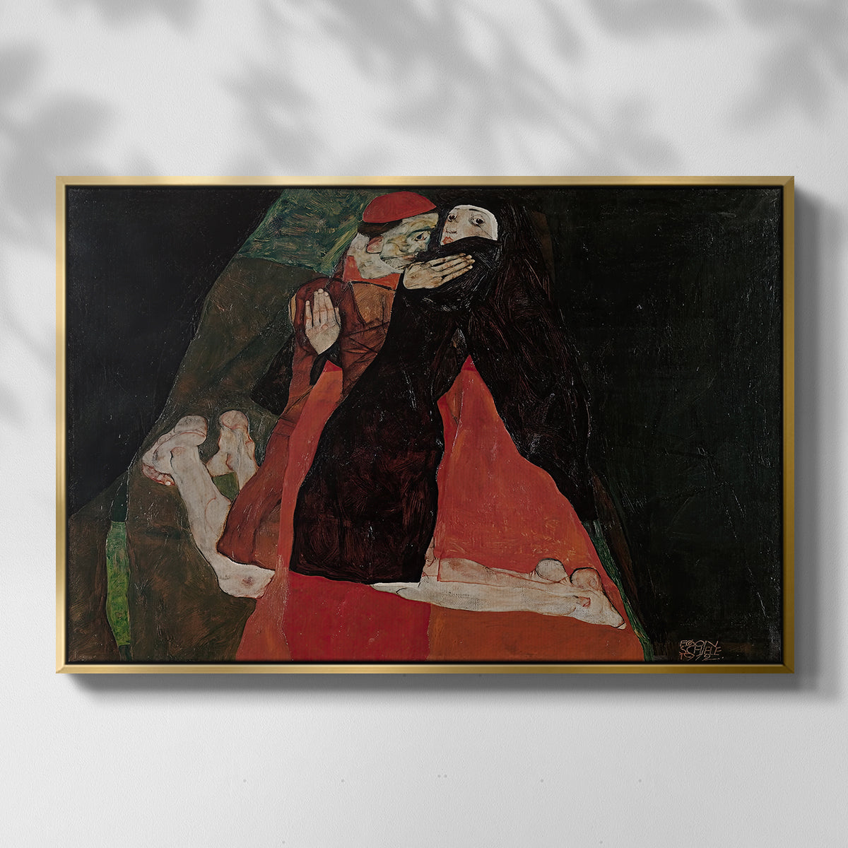 Front view of Cardinal and Nun (Caress), 1912 by Egon Schiele in a gold floater framed canvas.