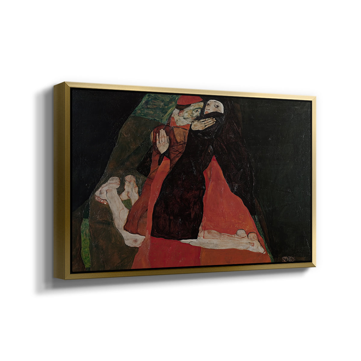 Angled view of Cardinal and Nun (Caress), 1912 by Egon Schiele in a gold floater framed canvas.