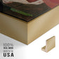 Close-up of the gold floater frame corner and gallery wrapped canvas construction.