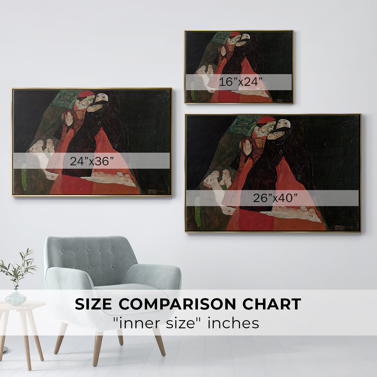Size comparison chart for gold floater framed canvas featuring Cardinal and Nun (Caress), 1912 by Egon Schiele.