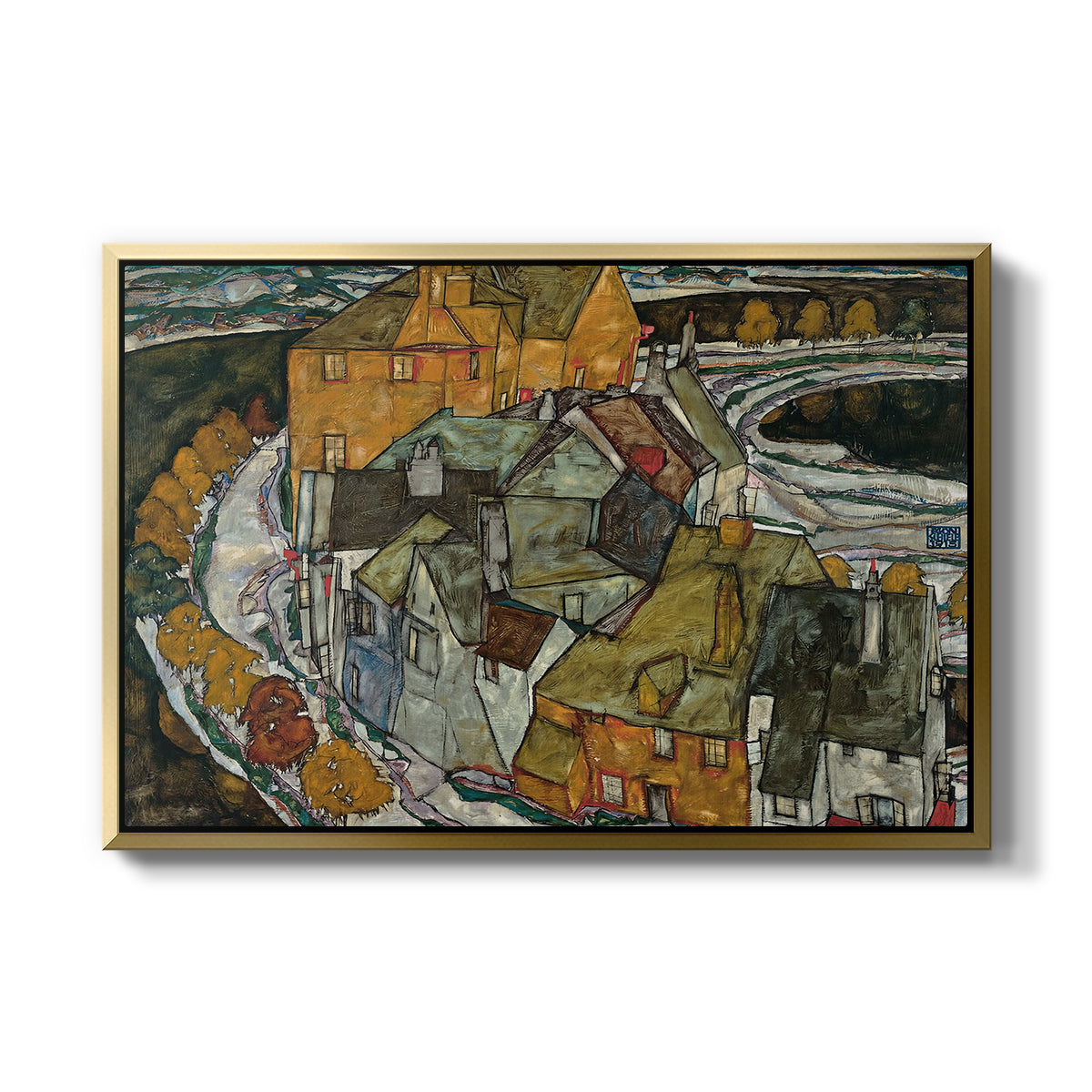 Crescent of Houses II (Island Town), 1915 by Egon Schiele in a gold floater framed canvas wall art display.