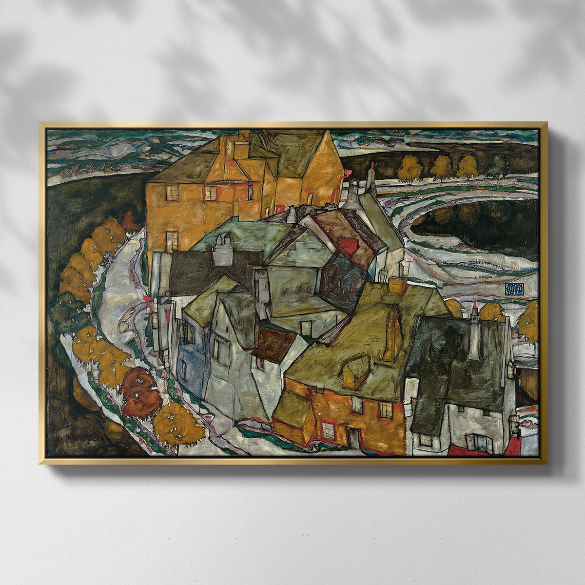 Front view of Crescent of Houses II (Island Town), 1915 by Egon Schiele in a gold floater framed canvas.
