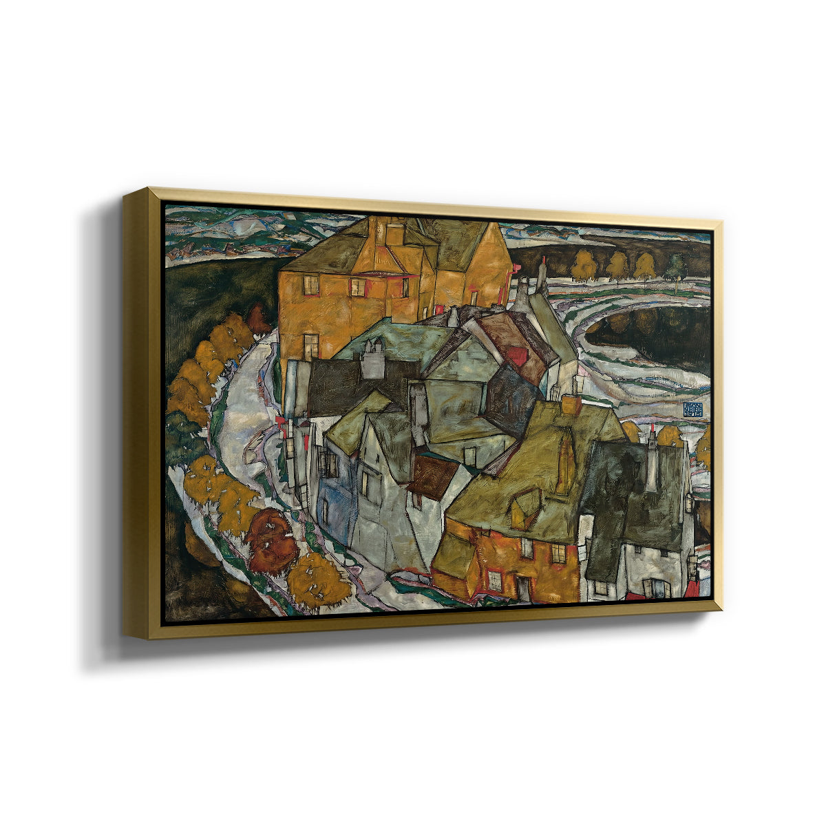 Angled view of Crescent of Houses II (Island Town), 1915 by Egon Schiele in a gold floater framed canvas.