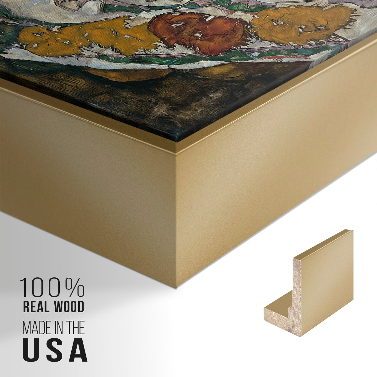 Close-up of the gold floater frame corner and gallery wrapped canvas construction.