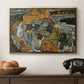 Crescent of Houses II (Island Town), 1915 by Egon Schiele in a gold floater framed canvas displayed above a console table in a hallway, featuring an architectural scene with houses arranged in curved composition.