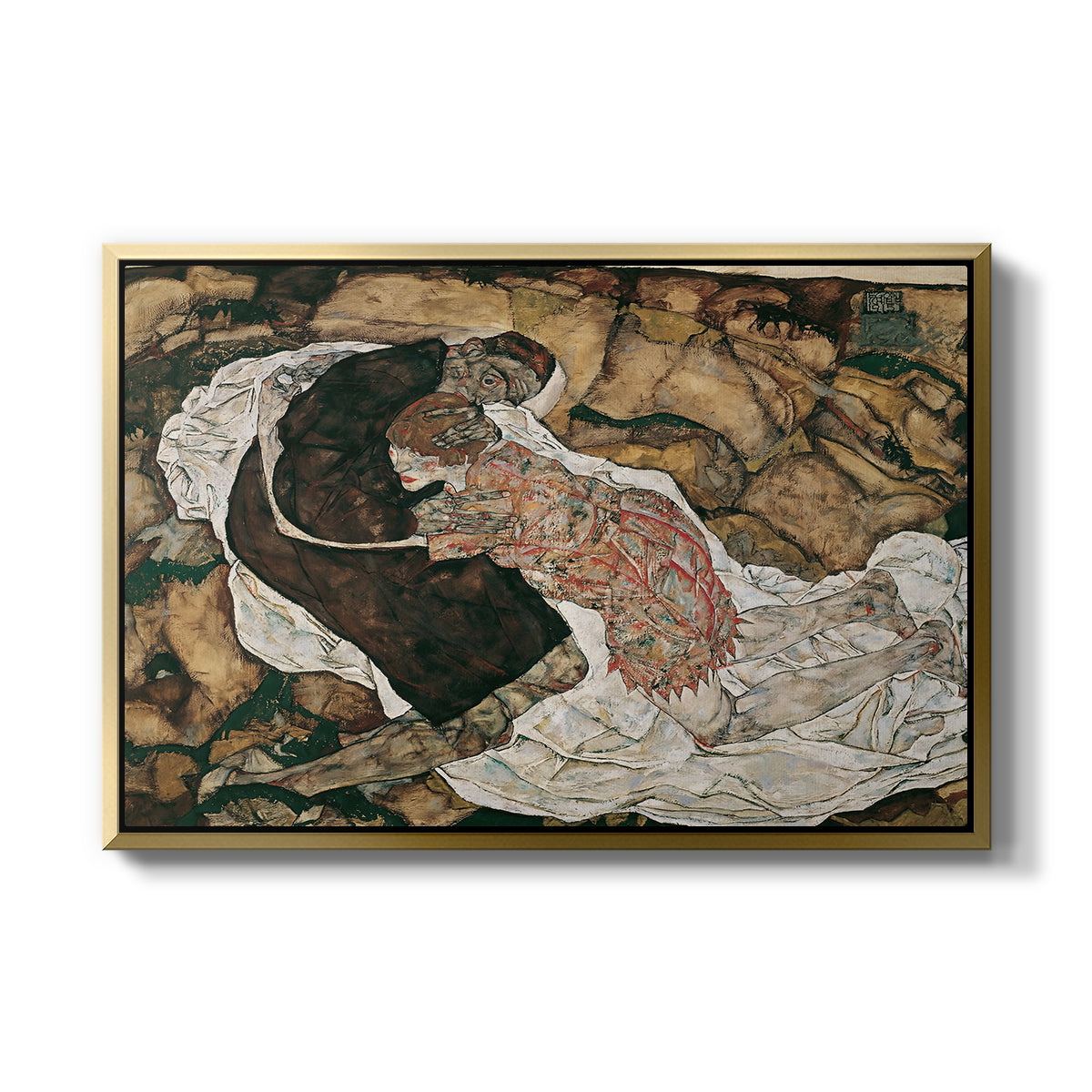 Death and the Maiden, 1915 by Egon Schiele in a gold floater framed canvas wall art display.