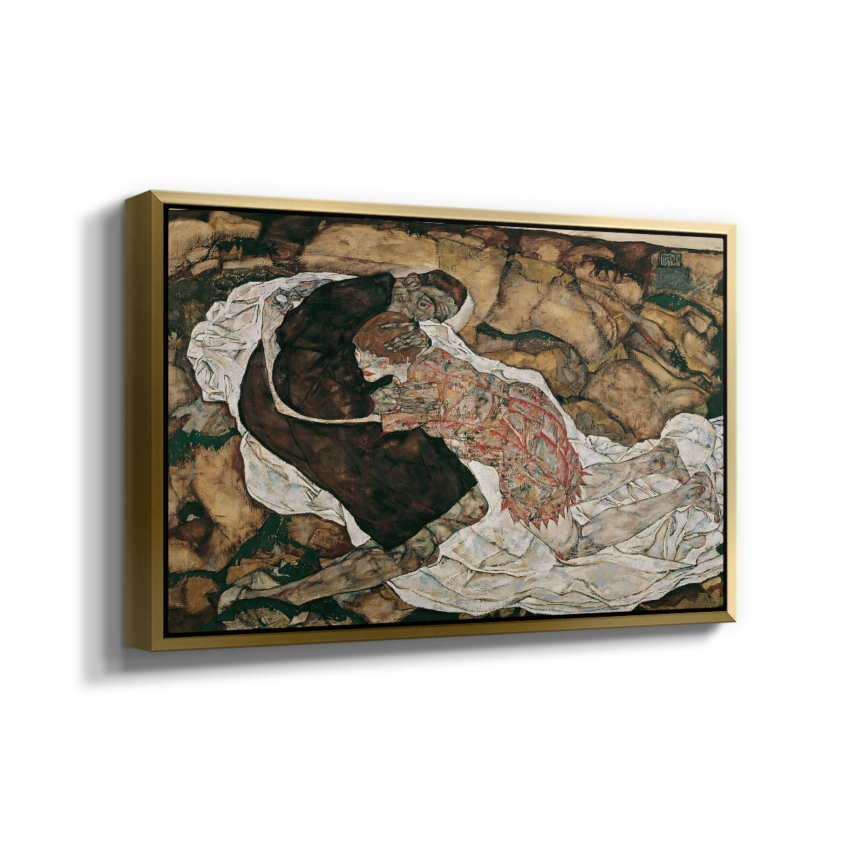 Angled view of Death and the Maiden, 1915 by Egon Schiele in a gold floater framed canvas.