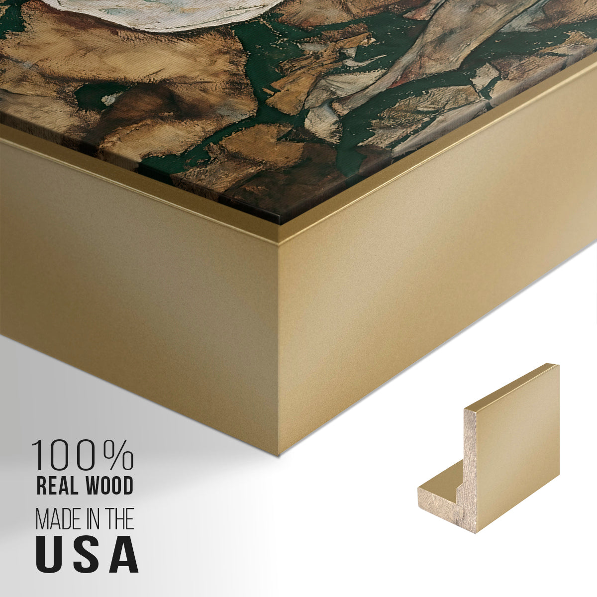 Close-up of the gold floater frame corner and gallery wrapped canvas construction.