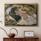 Gold floater framed canvas featuring an expressionist painting of human figures in dramatic pose, displayed above a cabinet in a soft-toned living room.