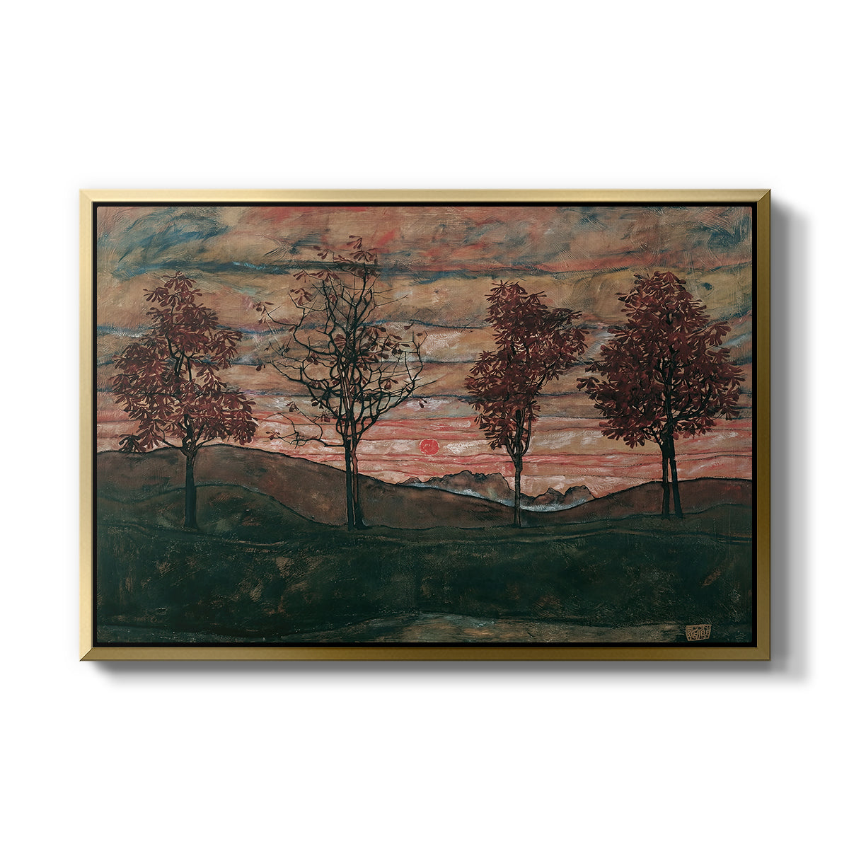 Four Trees, 1917 by Egon Schiele in a gold floater framed canvas wall art display.