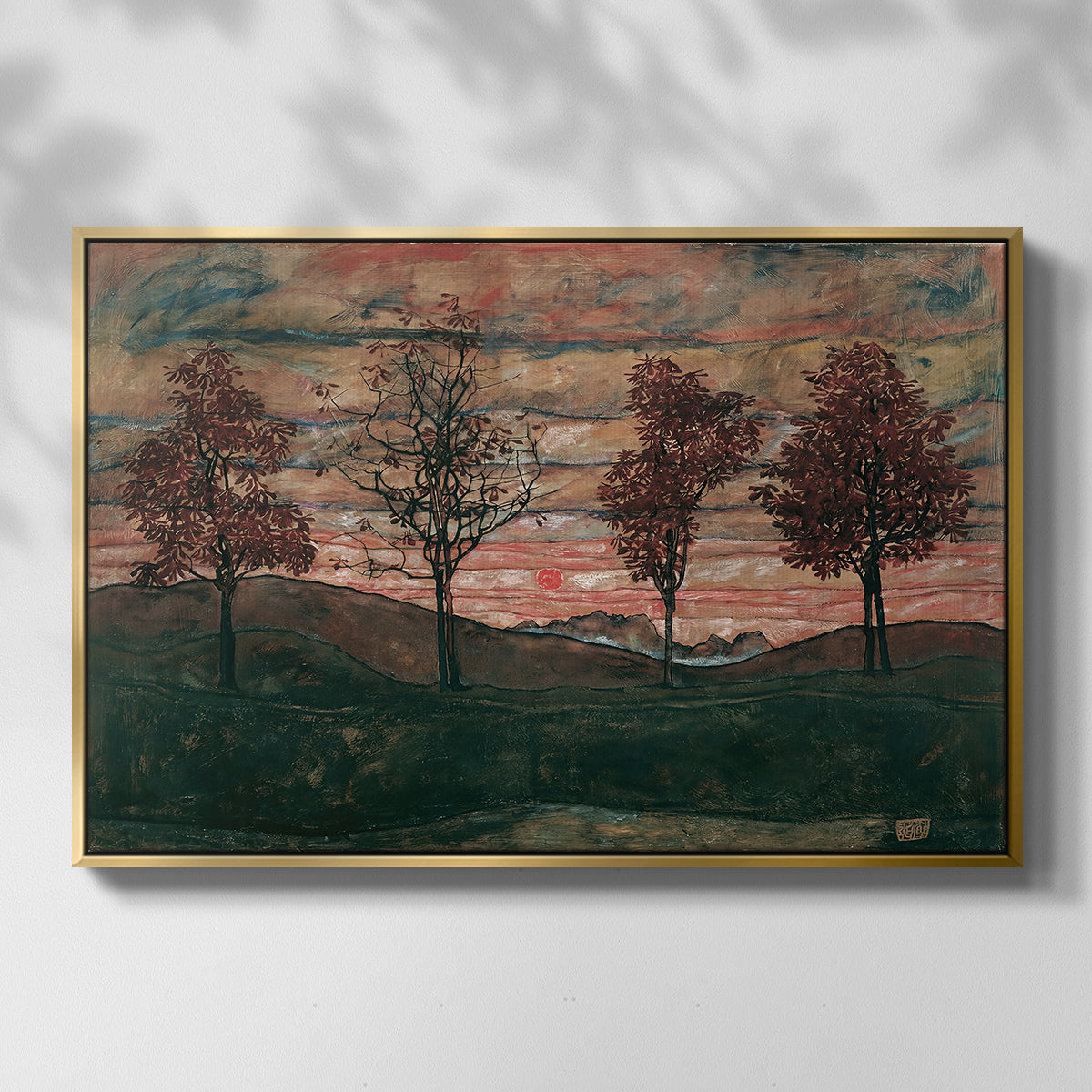 Front view of Four Trees, 1917 by Egon Schiele in a gold floater framed canvas.