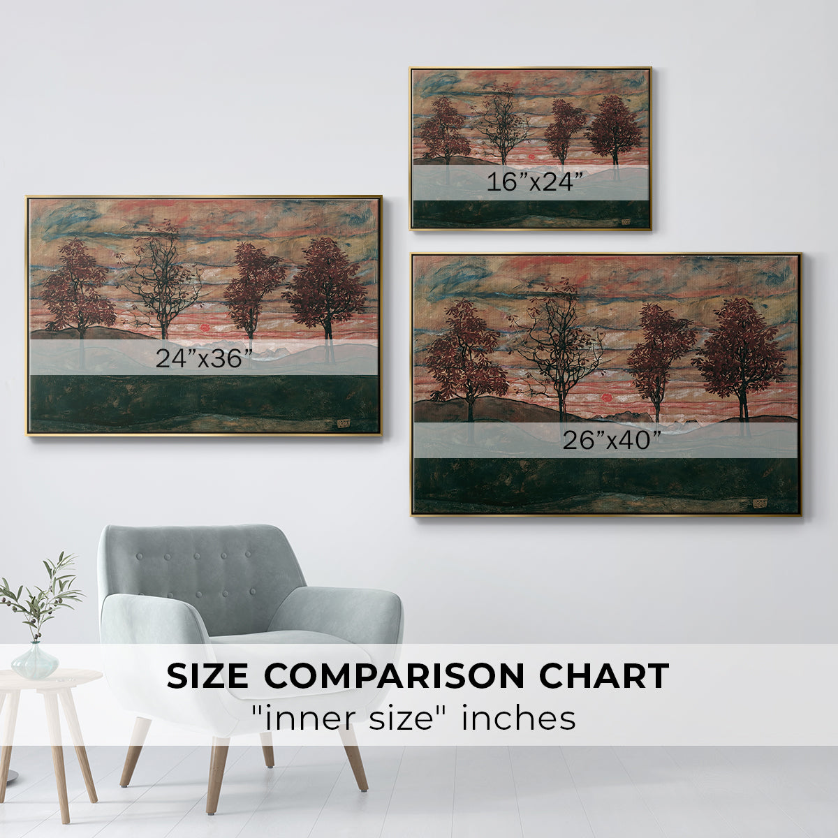 Size comparison chart for gold floater framed canvas featuring Four Trees, 1917 by Egon Schiele.