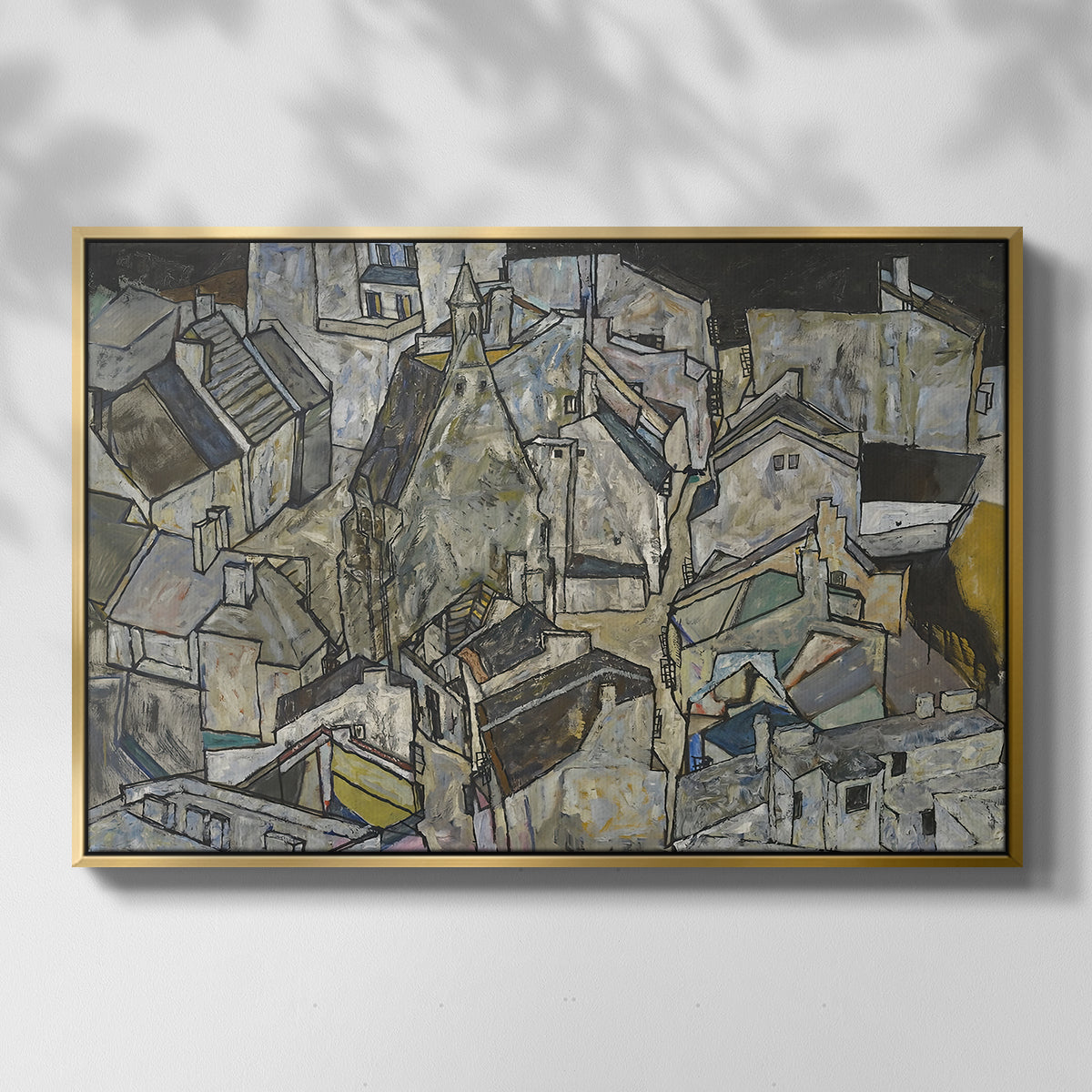 Front view of Mödling II, 1918 by Egon Schiele in a gold floater framed canvas.