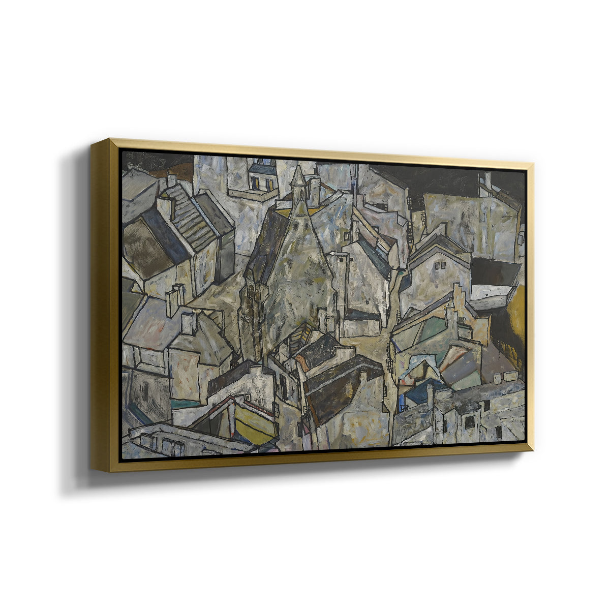 Angled view of Mödling II, 1918 by Egon Schiele in a gold floater framed canvas.