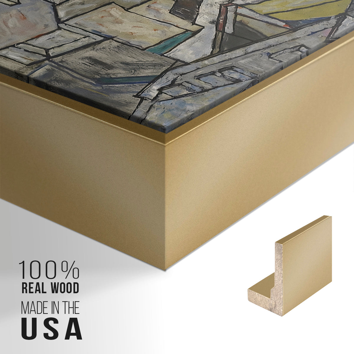 Close-up of the gold floater frame corner and gallery wrapped canvas construction.