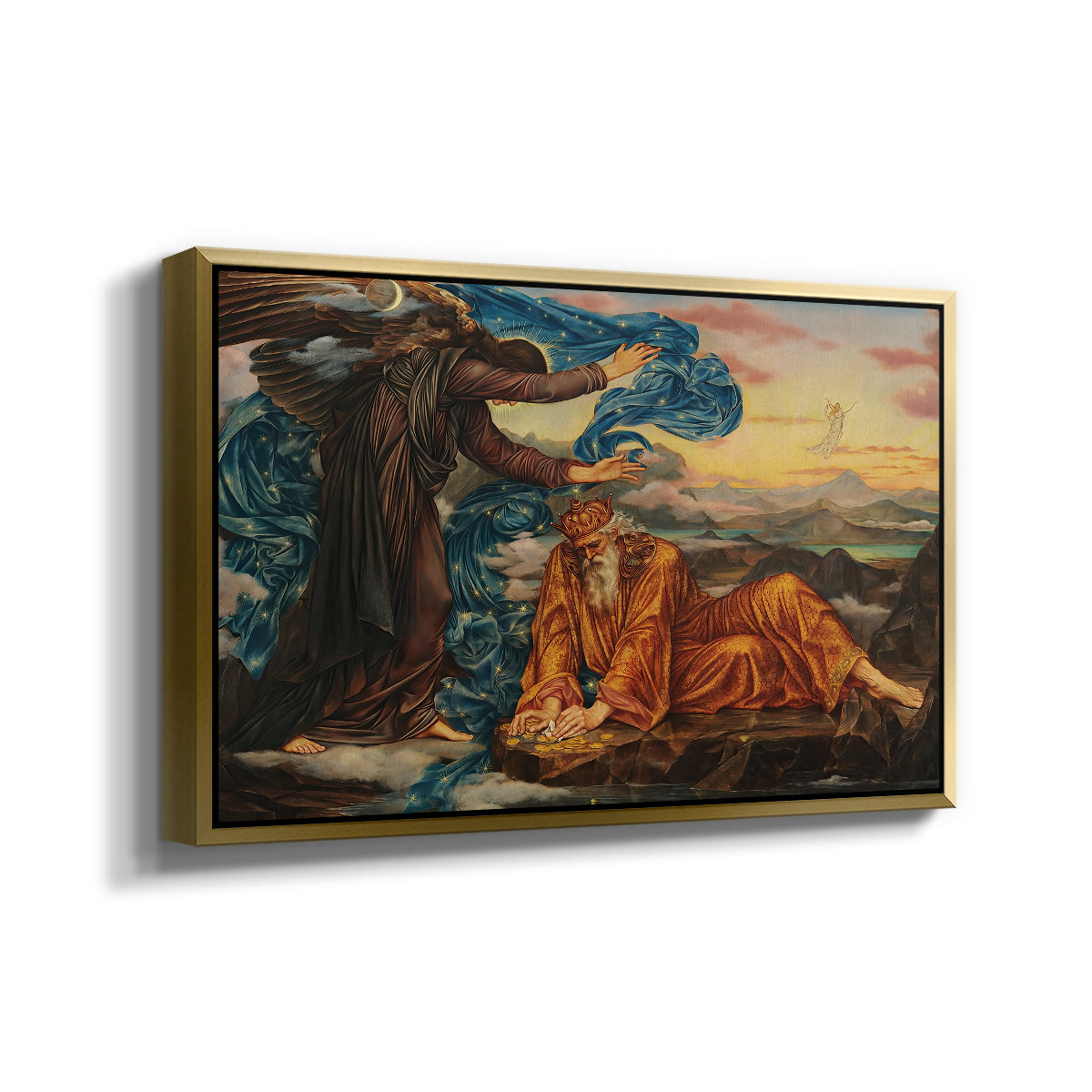 Angled view of Earthbound, 1897 by Evelyn De Morgan in a gold floater framed canvas.