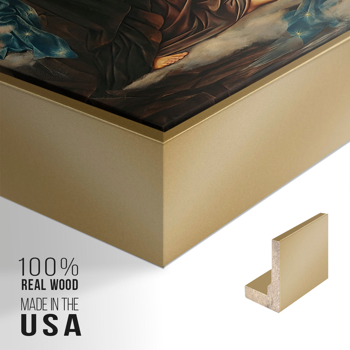 Close-up of the gold floater frame corner and gallery wrapped canvas construction.