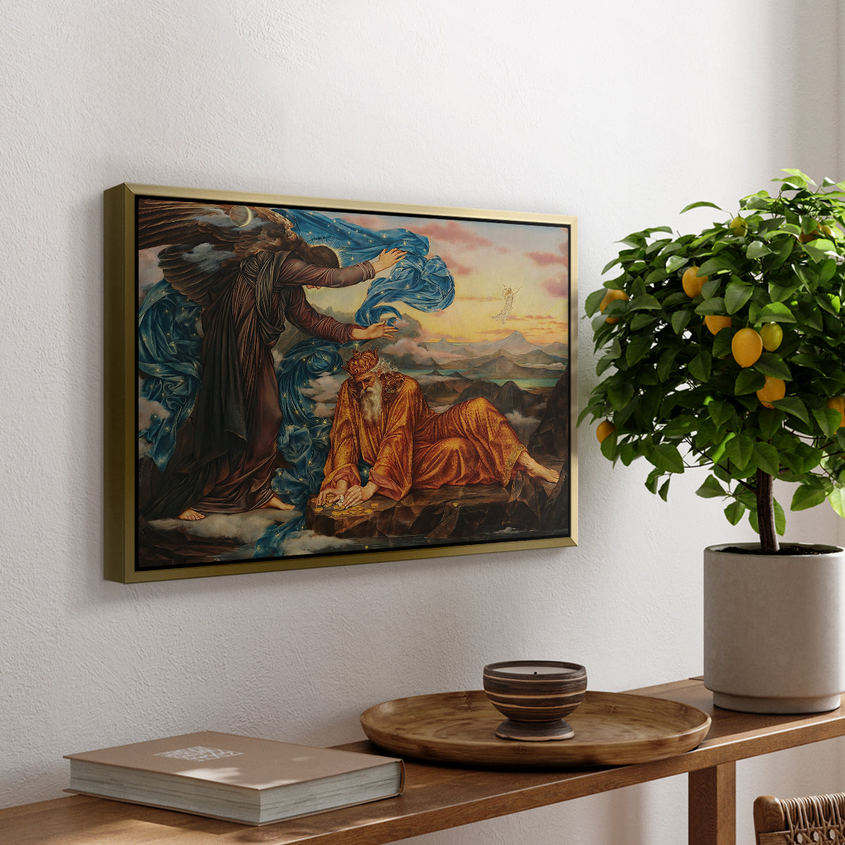 Earthbound, 1897 by Evelyn De Morgan, presented in a gold floater framed canvas featuring a reclining female figure surrounded by symbolic elements in dreamlike setting, displayed above a hallway console table.