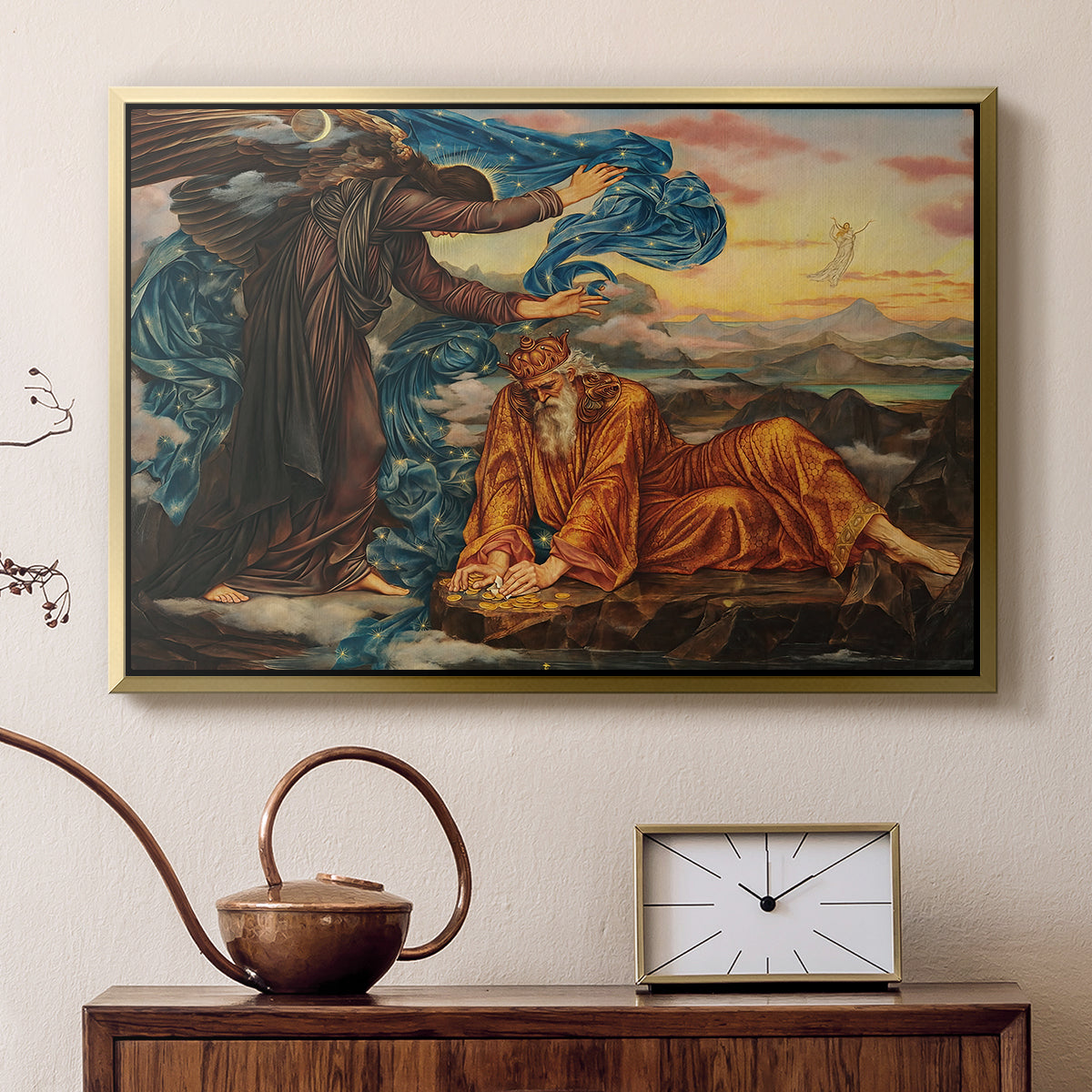 Gold floater framed canvas featuring a symbolic composition exploring human form and spiritual themes, displayed above a cabinet in a soft-toned living room.