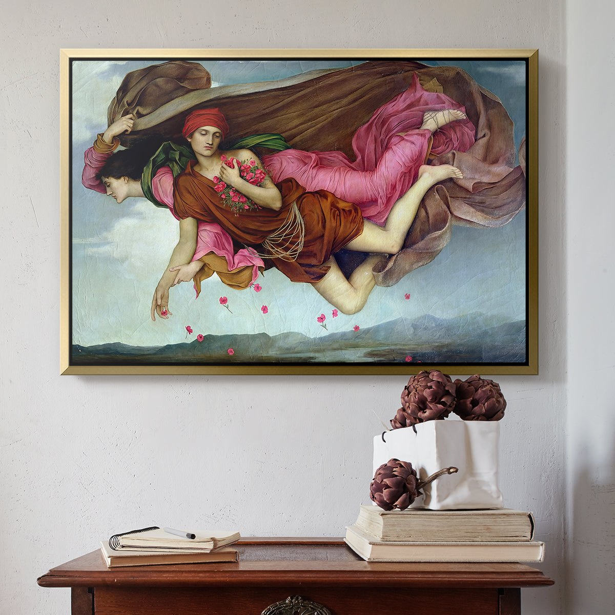 Gold floater framed canvas featuring Night and Sleep, 1878 by Evelyn De Morgan above an entryway table in a minimalist foyer.