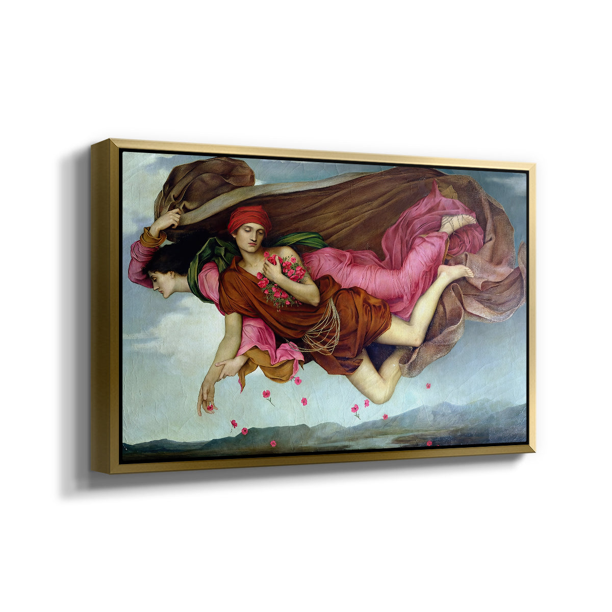 Angled view of Night and Sleep, 1878 by Evelyn De Morgan in a gold floater framed canvas.