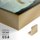 Close-up of the gold floater frame corner and gallery wrapped canvas construction.