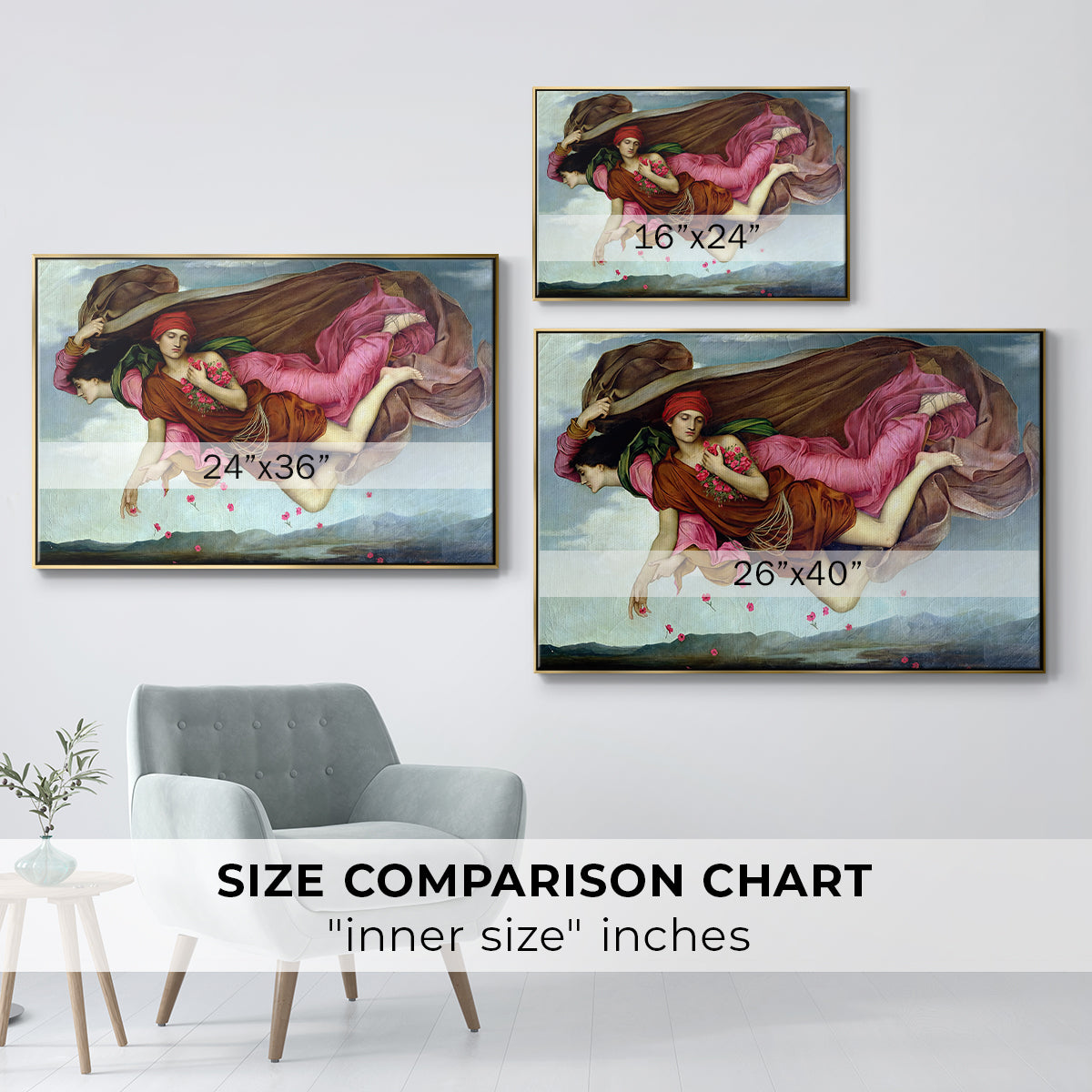 Size comparison chart for gold floater framed canvas featuring Night and Sleep, 1878 by Evelyn De Morgan.