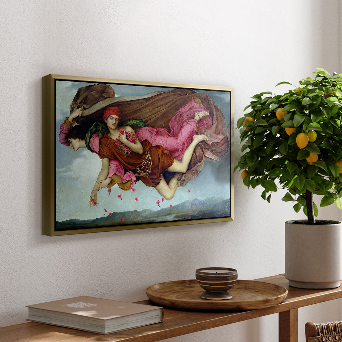 Night and Sleep, 1878 by Evelyn De Morgan, presented in a gold floater framed canvas featuring two intertwined female figures floating through dark sky representing night and sleep, displayed above a hallway console table.