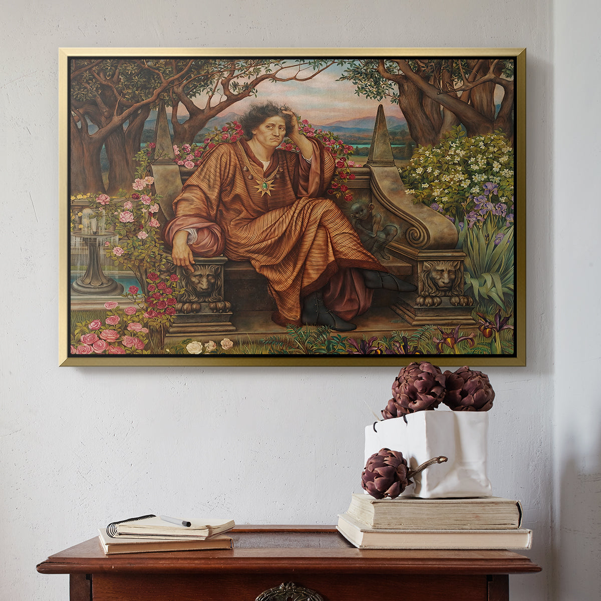 Gold floater framed canvas featuring A Soul in Hell, c. 1901-1902 by Evelyn De Morgan above an entryway table in a minimalist foyer.