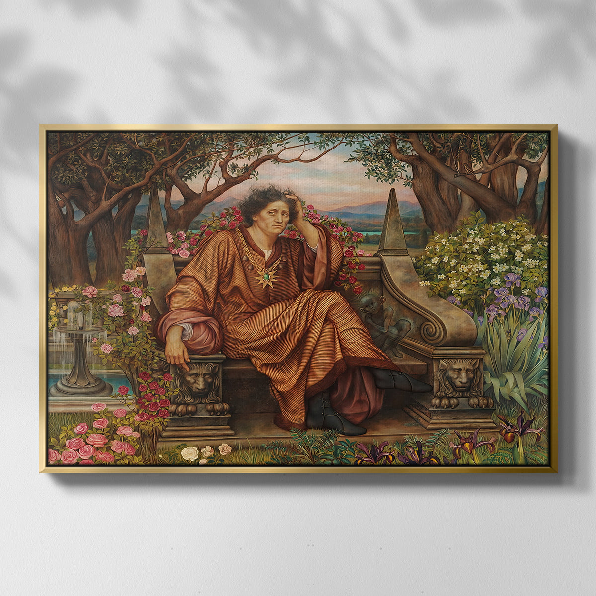 Front view of A Soul in Hell, c. 1901-1902 by Evelyn De Morgan in a gold floater framed canvas.