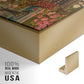 Close-up of the gold floater frame corner and gallery wrapped canvas construction.
