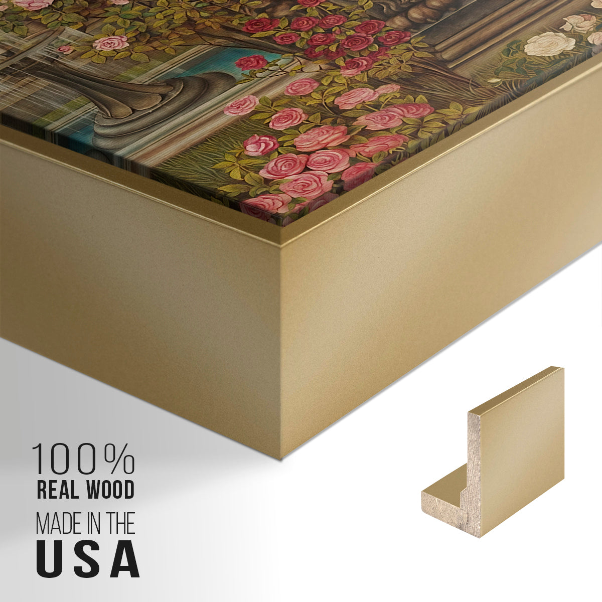 Close-up of the gold floater frame corner and gallery wrapped canvas construction.