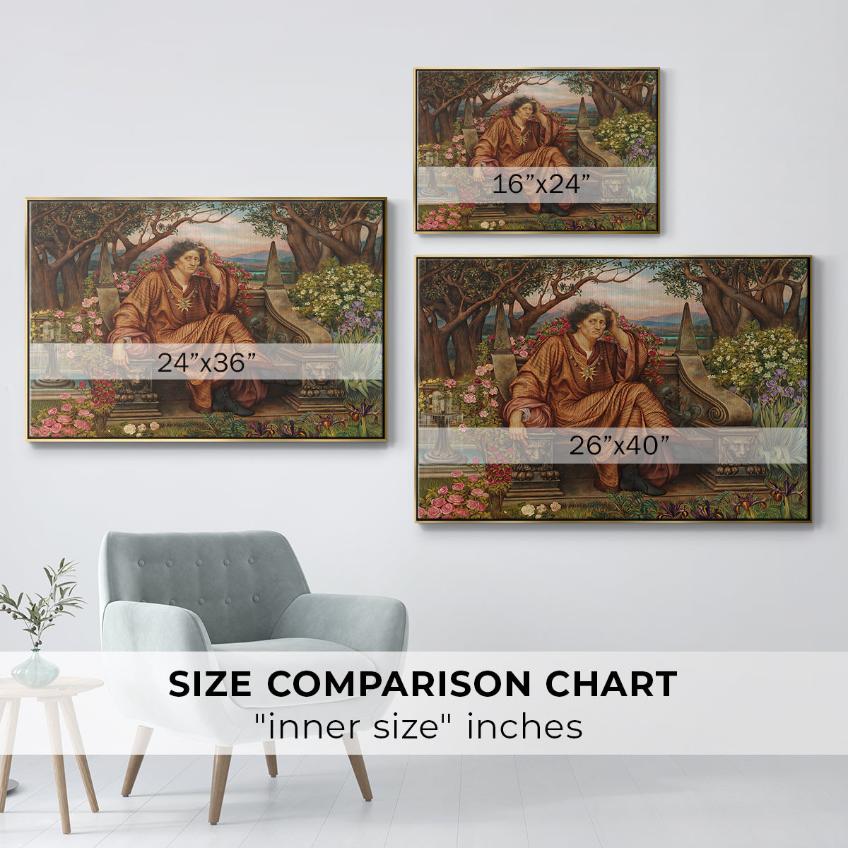 Size comparison chart for gold floater framed canvas featuring A Soul in Hell, c. 1901-1902 by Evelyn De Morgan.