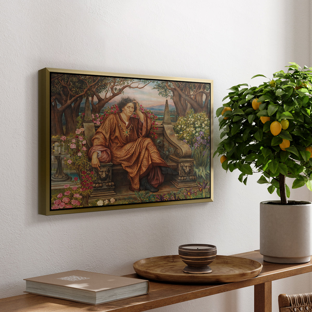 A Soul in Hell, c. 1901-1902 by Evelyn De Morgan, presented in a gold floater framed canvas featuring a distressed figure surrounded by flames and torment in symbolic hell scene, displayed above a hallway console table.
