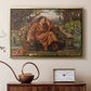Gold floater framed canvas featuring a symbolic depiction of soul in anguish amid chaotic forms, displayed above a cabinet in a soft-toned living room.
