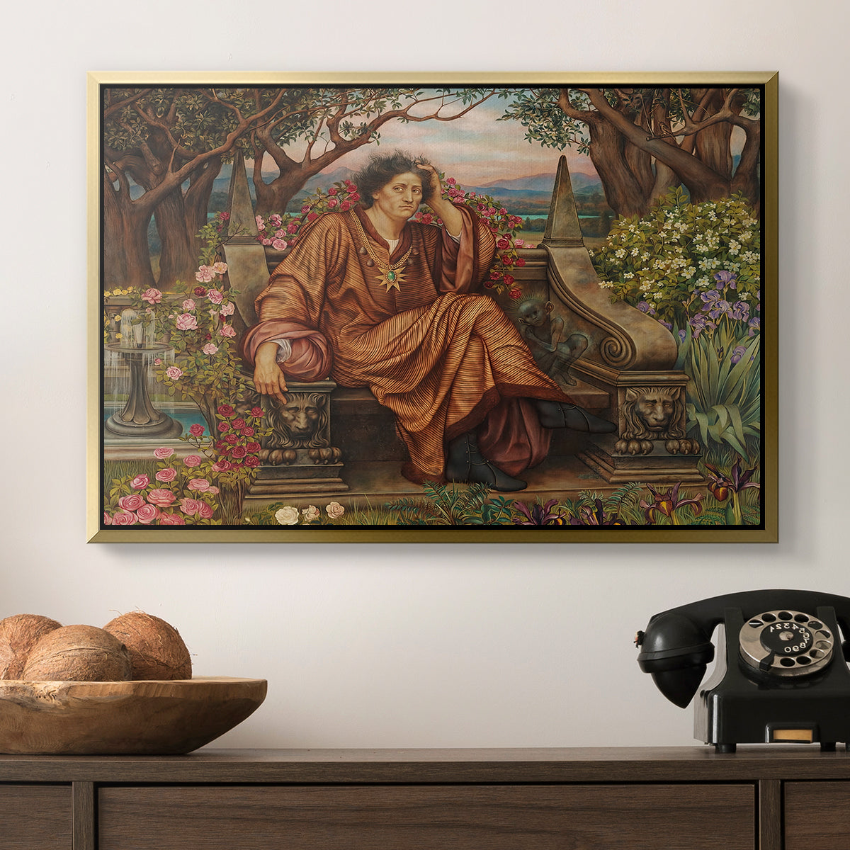 A Soul in Hell, c. 1901-1902 by Evelyn De Morgan in a gold floater framed canvas displayed above a console table in a hallway, featuring an emotional scene representing torment and spiritual struggle.