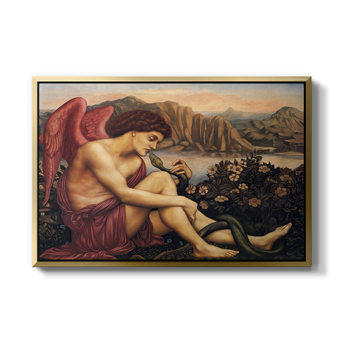 The Angel with the Serpent, c. 1870-1875 by Evelyn De Morgan in a gold floater framed canvas wall art display.