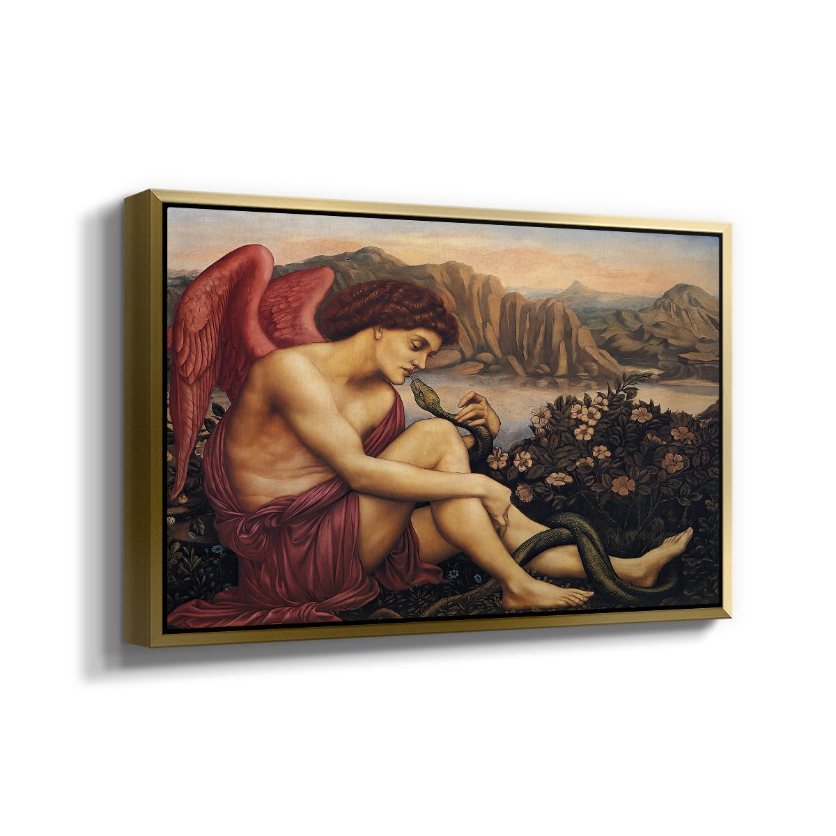Angled view of The Angel with the Serpent, c. 1870-1875 by Evelyn De Morgan in a gold floater framed canvas.