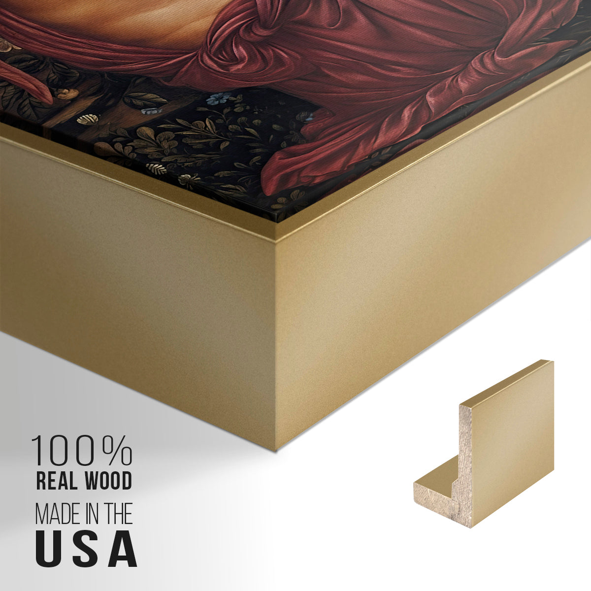 Close-up of the gold floater frame corner and gallery wrapped canvas construction.
