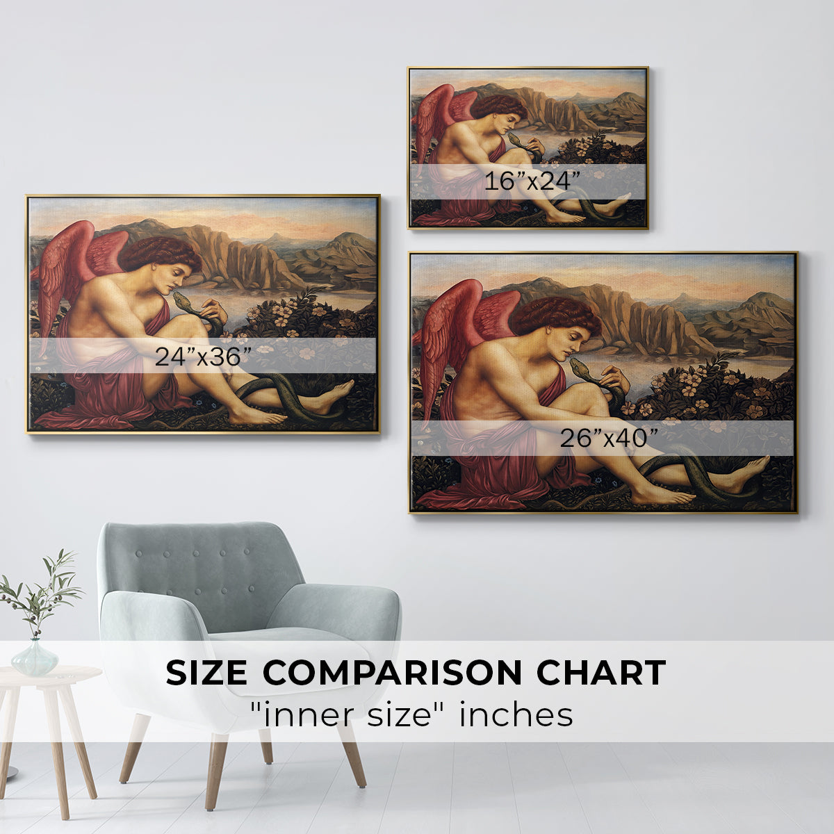 Size comparison chart for gold floater framed canvas featuring The Angel with the Serpent, c. 1870-1875 by Evelyn De Morgan.