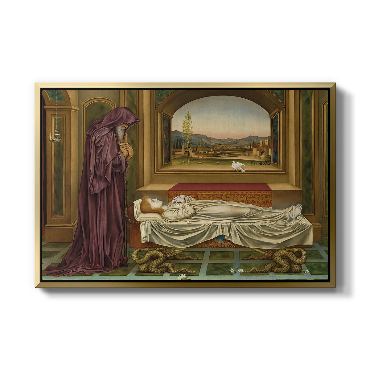 The Wandering Jew: Whom the Gods Love Die Young, 1888 by Evelyn De Morgan in a gold floater framed canvas wall art display.