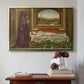 Gold floater framed canvas featuring The Wandering Jew: Whom the Gods Love Die Young, 1888 by Evelyn De Morgan above an entryway table in a minimalist foyer.