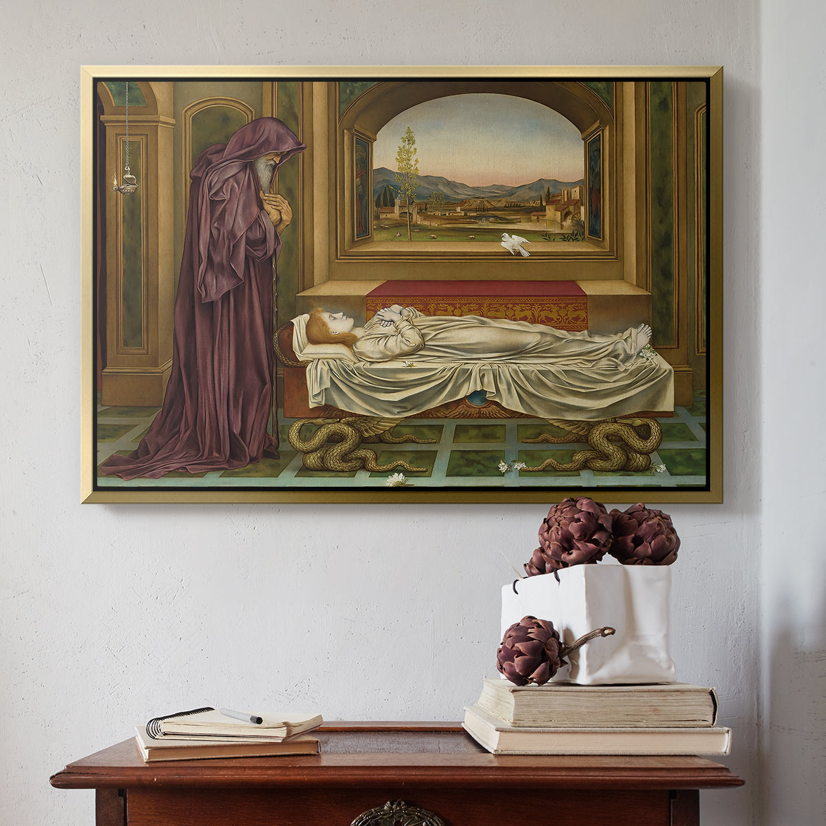 Gold floater framed canvas featuring The Wandering Jew: Whom the Gods Love Die Young, 1888 by Evelyn De Morgan above an entryway table in a minimalist foyer.