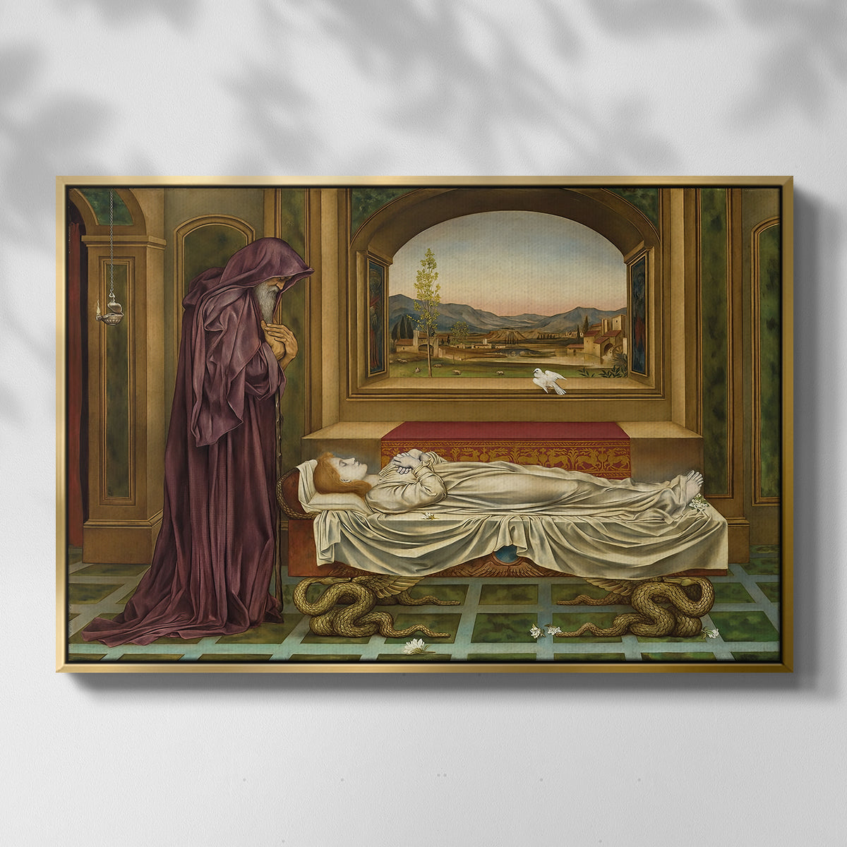 Front view of The Wandering Jew: Whom the Gods Love Die Young, 1888 by Evelyn De Morgan in a gold floater framed canvas.