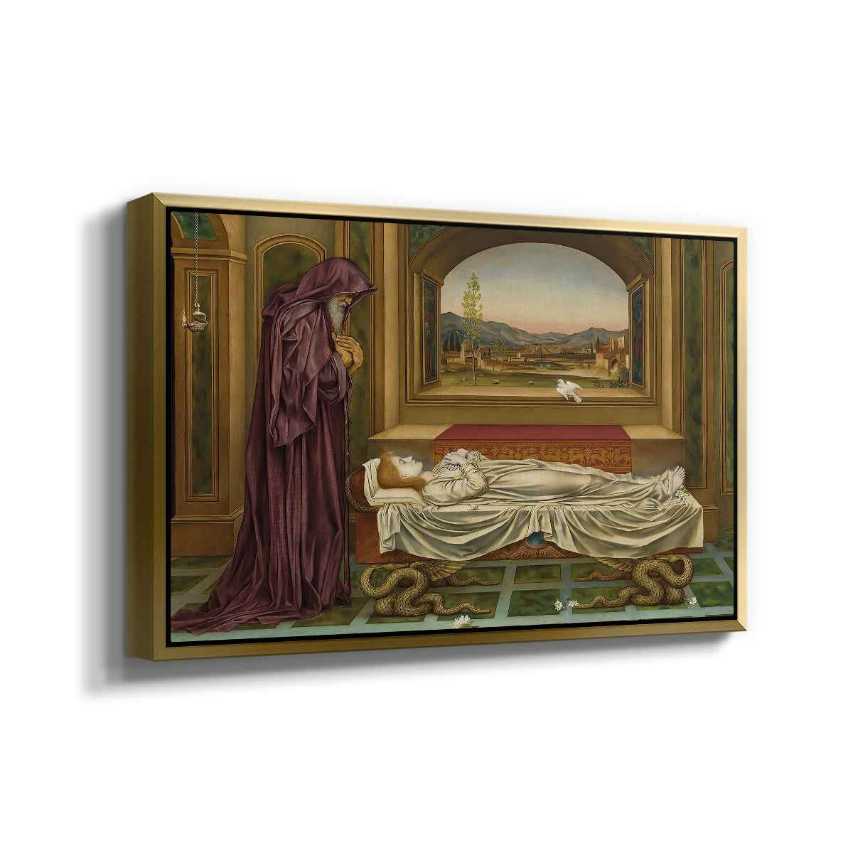 Angled view of The Wandering Jew: Whom the Gods Love Die Young, 1888 by Evelyn De Morgan in a gold floater framed canvas.